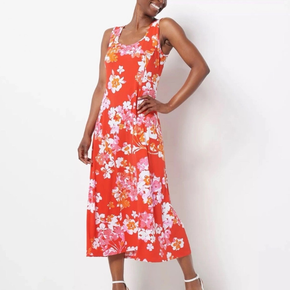 Susan Graver Liquid Knit Floral Size Medium Midi Dress Square Neck - Picture 1 of 8